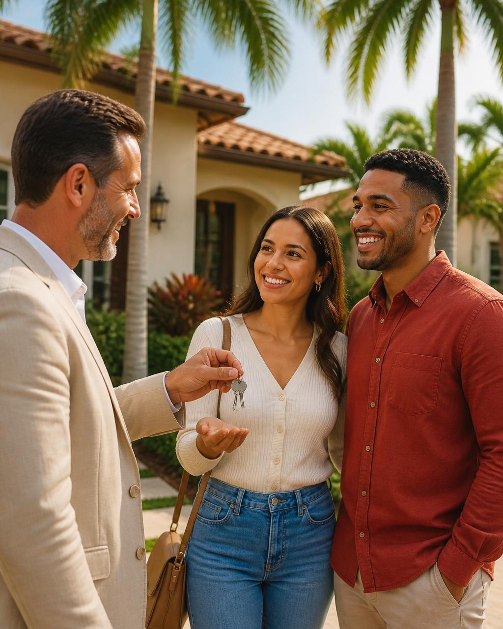 A landlord handing keys to happy qualified tenants in front of a South Florida home